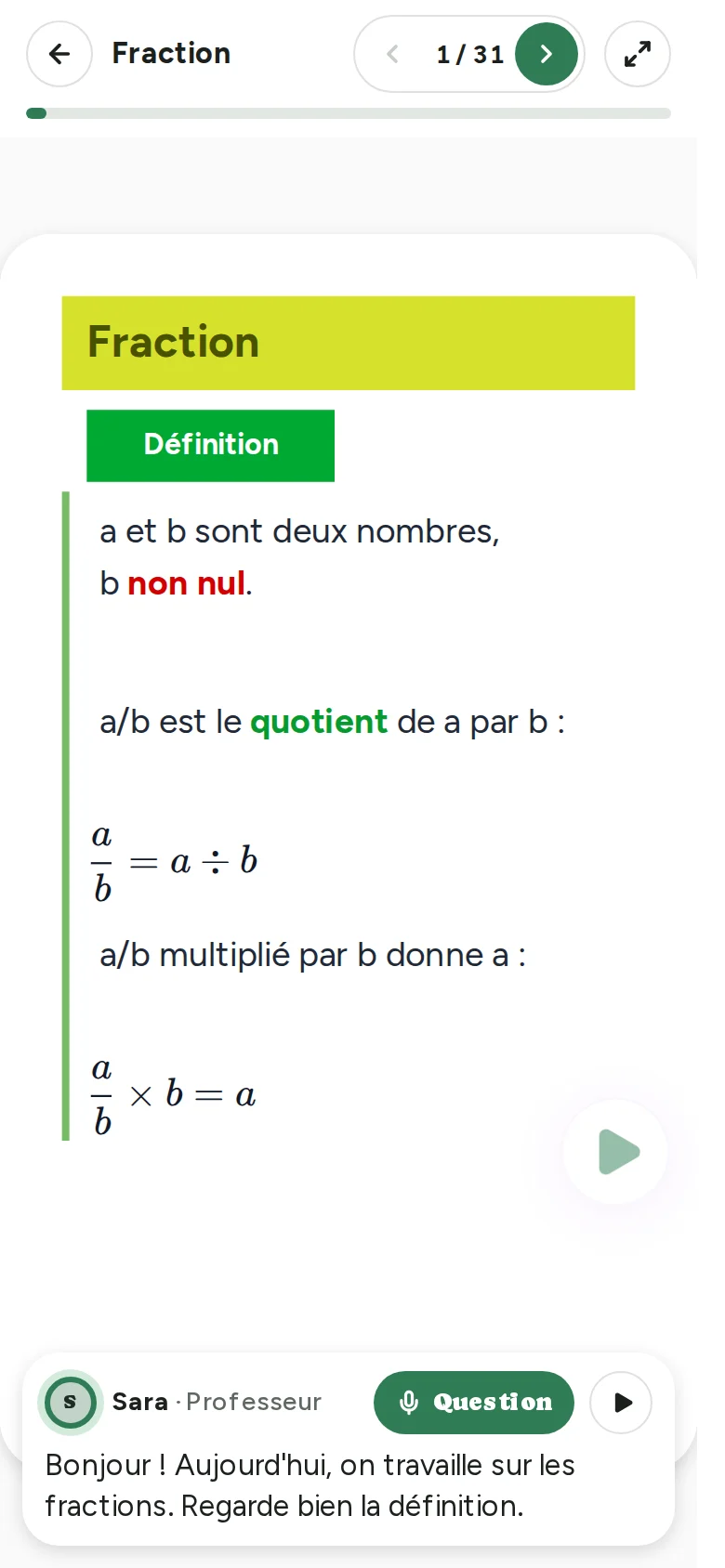 La même définition dans Sara : une diapositive aux couleurs du manuel, et Sara, la professeure, qui l'explique à voix haute.